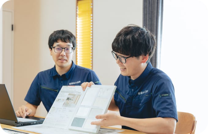 カタログを見ながら打ち合わせをするスタッフ